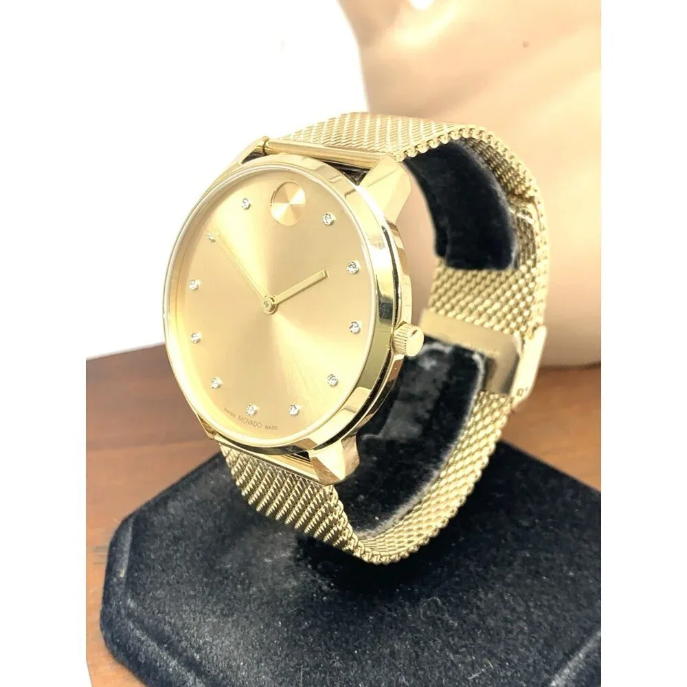 Movado Men's Watch 3600903 Diamond Gold Dial Swiss Quartz Mesh Steel Band 42mm